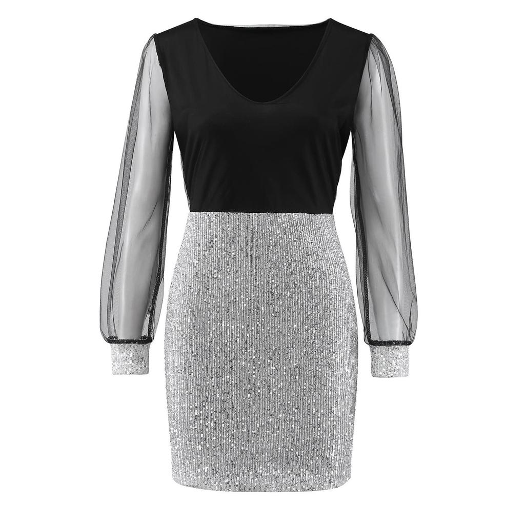 Mode Damen Locker Sexy V-Ausschnitt Pailletten Hüftbetont Spitze Langarm Splicing Kleid