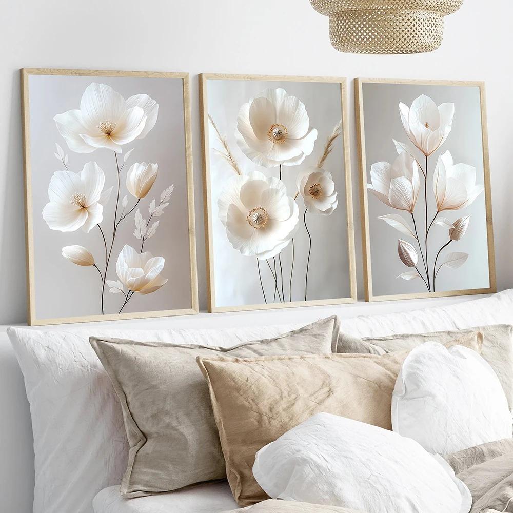 Nordic Beige Peony Flowers Canvas Painting Modern Floral Botanical Posters Aesthetic Wall Art Home Decoration