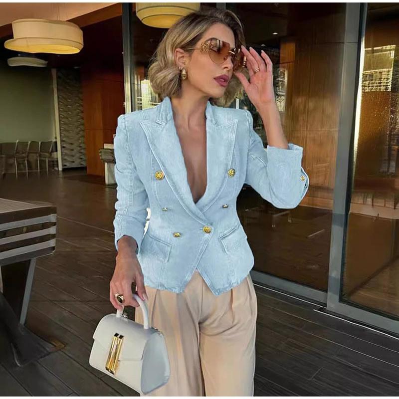 

Весна/літо Джинсова куртка Двобортна Приталена Топ Жіночий Блейзер Коротка Піджак з лацканами Довгі рукави L світло-синій колір
