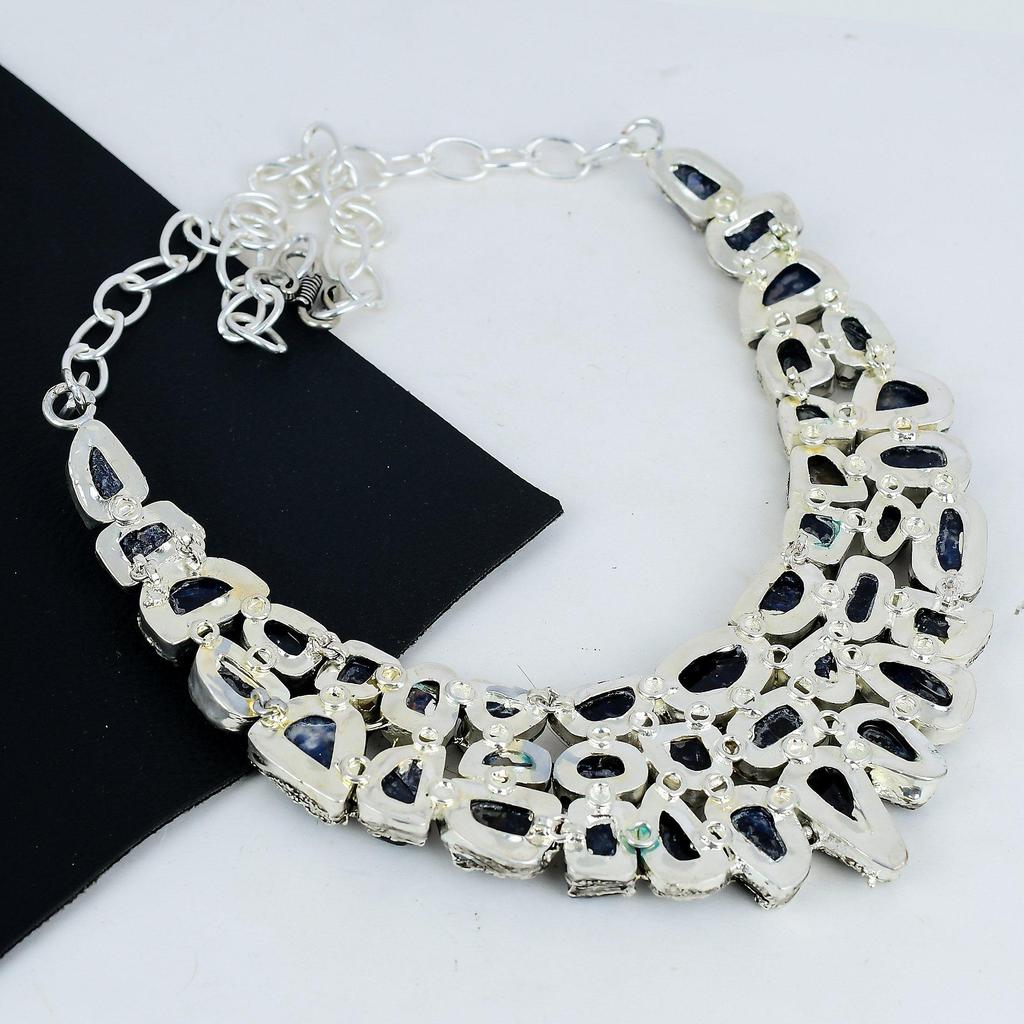 Natural Raw Sodolite Gemstone Handmade 925 Sterling Silver Electroform Necklace, Raw Sodolite Silver Necklace For Wife, Unisex Necklace Mom Gift