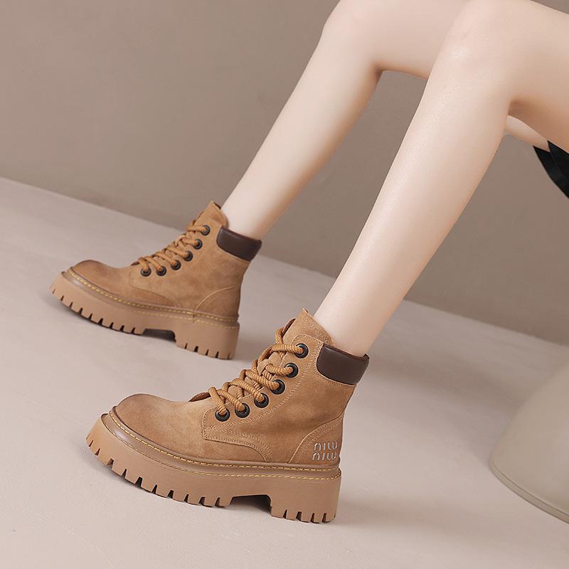 First layer pigskin Martin boots women's 2025 thick-soled heightening outdoor rhubarb boots versatile retro British style tooling short boots
