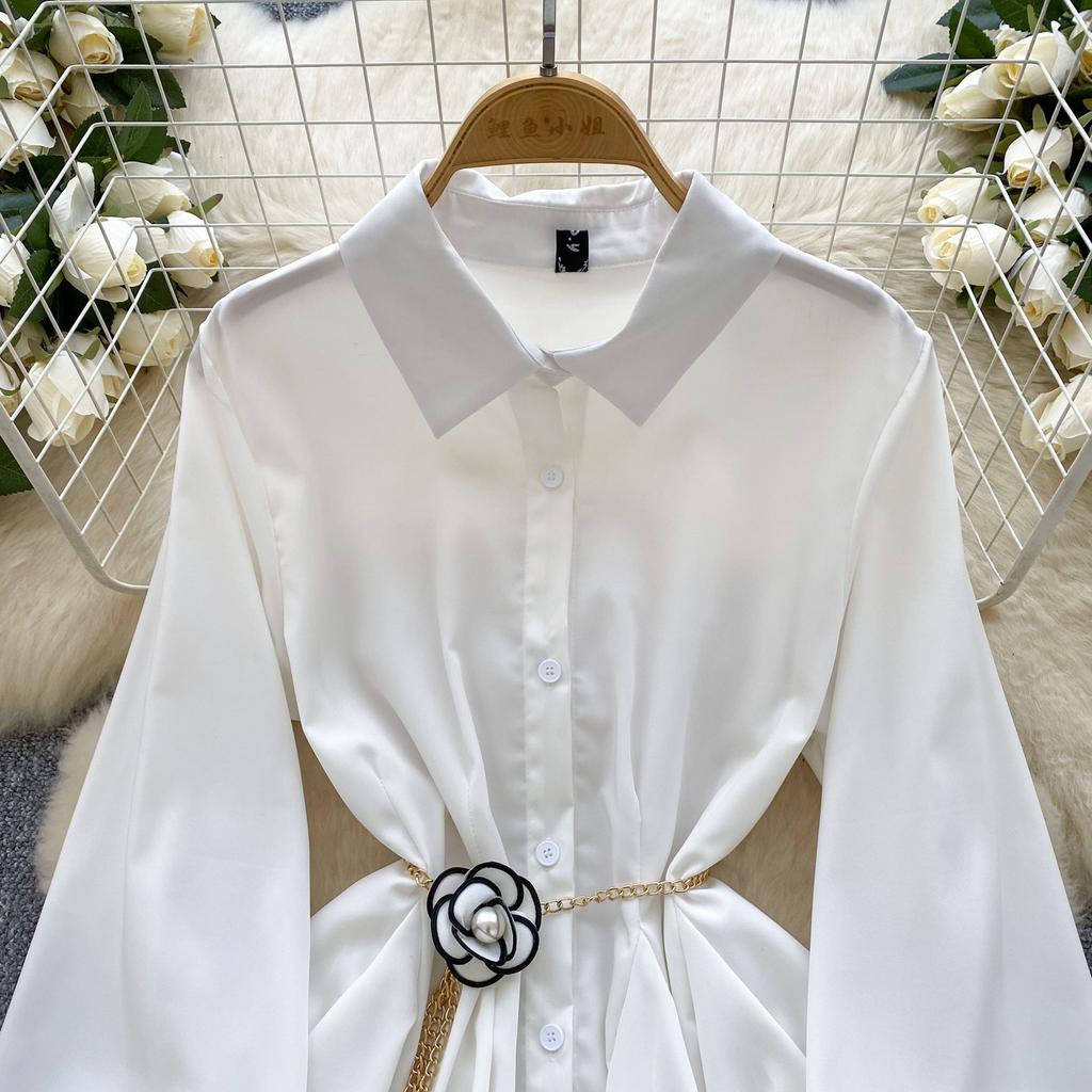 Women's Spring Autumn Loose Casual Dress Metal Chain Waist French Style Long Lantern Sleeves Elegant Shirt Dresses