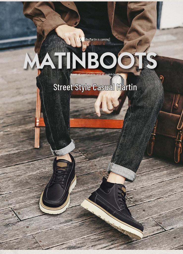 Men's Retro High-Top Leather Martin Boots - Winter Warmth, Thick Sole, Height Increasing, British Style for Autumn Trend.