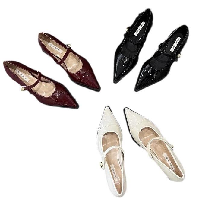 Pointed small leather shoes women's 2024 new spring thick heels low heels high heels retro French temperament Mary Jane single shoes
