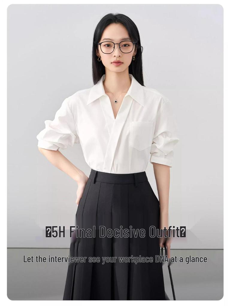 Women's Elegant V-Neck Lapel White Short-Sleeve Shirt, Chic Summer Style, Unique Design