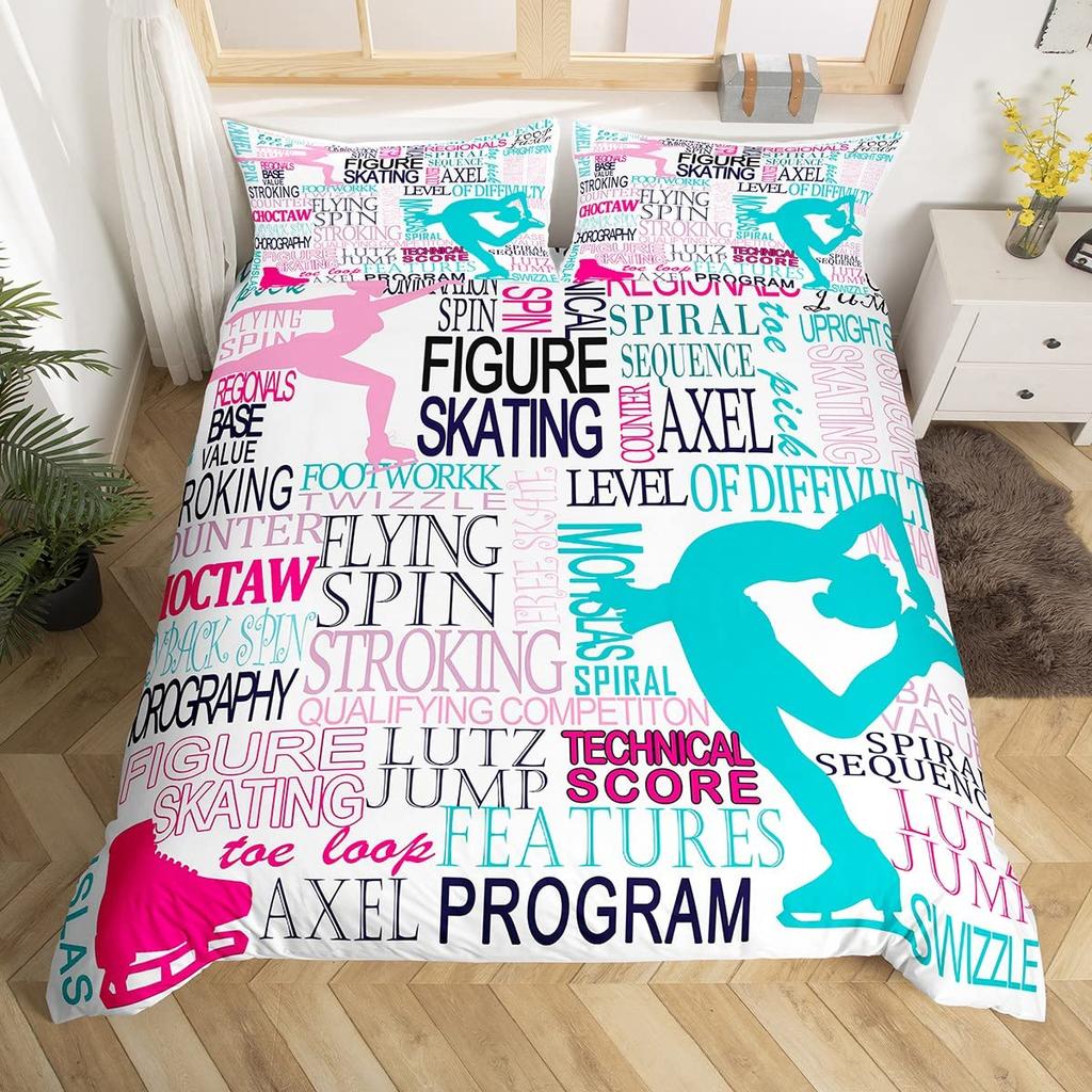 Ice Skating Duvet Cover Set For Kids Teens Queen Size Lightweight Down Quilt Covers 2 Pillowcases 1 Comforter Cover No Comforter