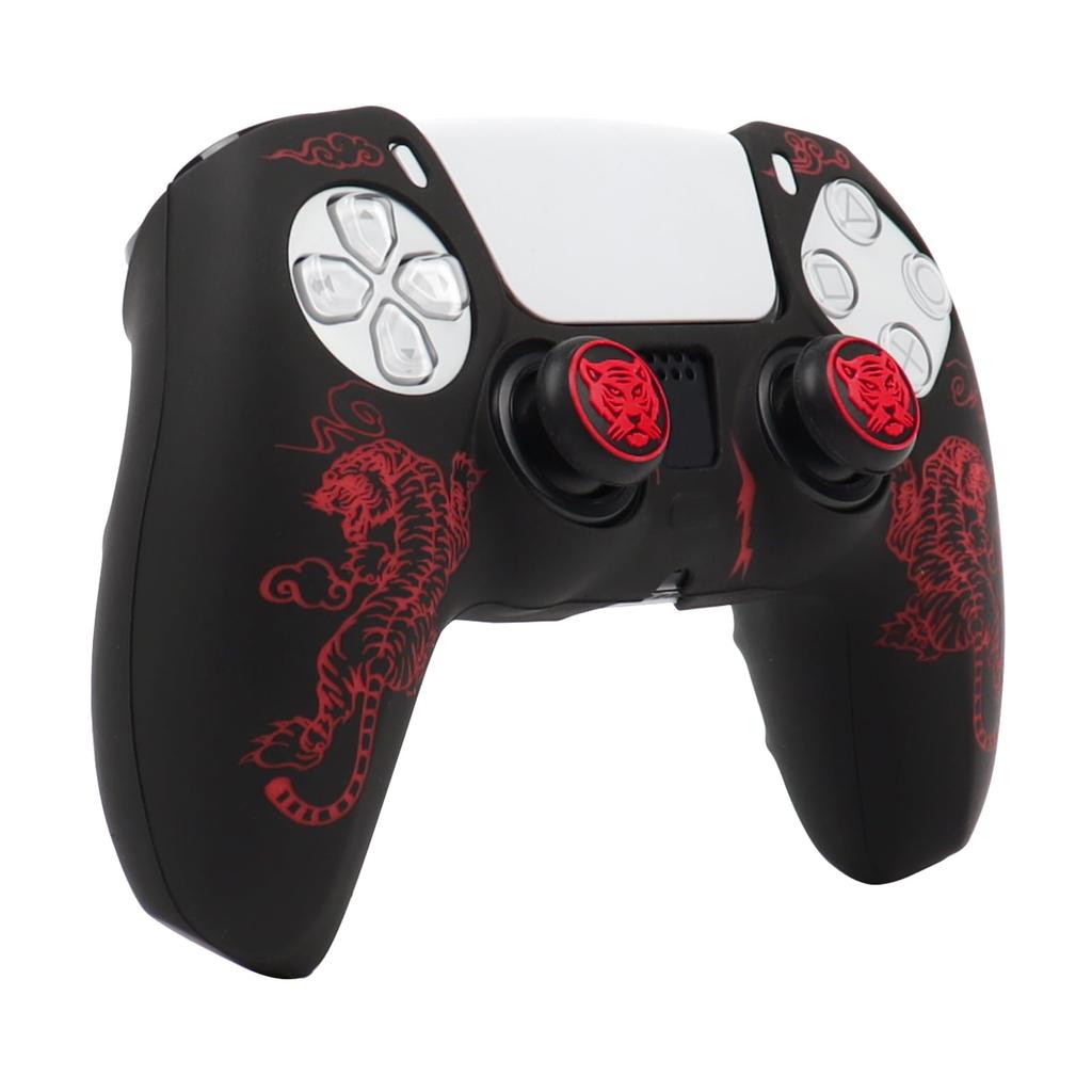 RALAN PS5 Controller DualSense Compatible with Silicone Joystick Perfect Ergonomic Design Caps, Non-Slip, Black, Fit, (Red Tiger)