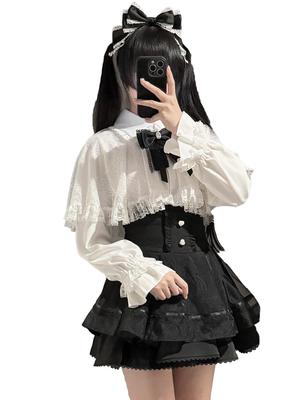 Für Ober- und Unterteil Mini Abnehmbar Traumhaft Lang Größe M [MODKOKU] Umhang-Stil "Jirai-kei" (Dunkel/Gotisch) Set-up Damen Set, Bluse, High-Waist Rock,