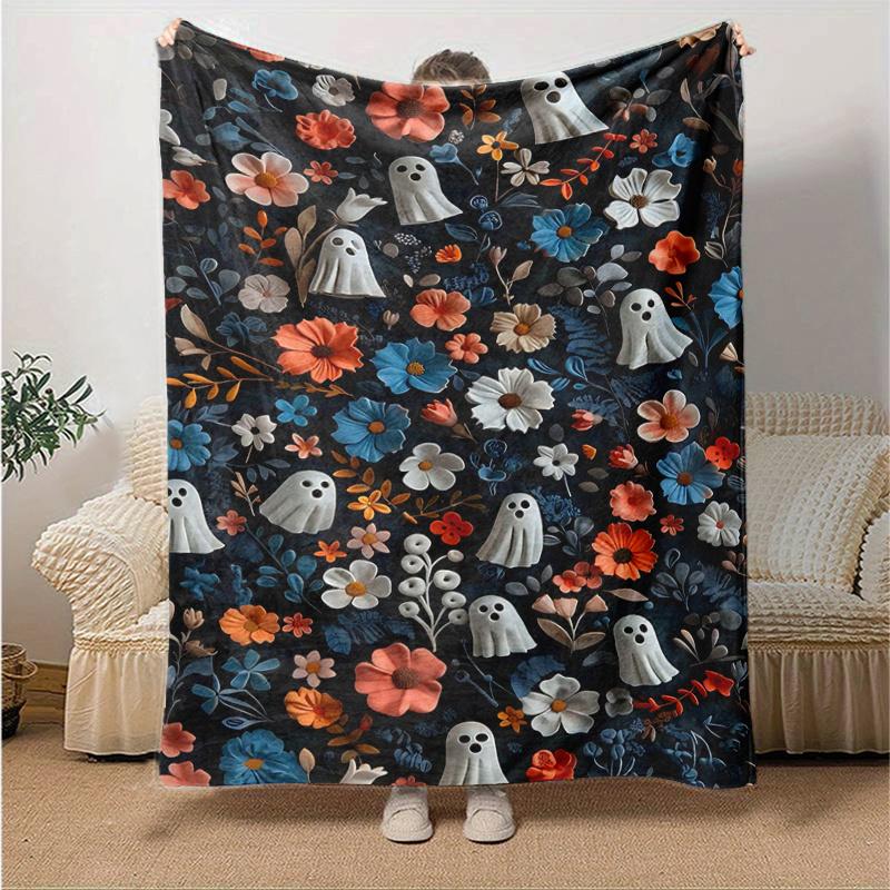 

1pc Ghosts & Flowers Blanket Soft Throw for Home Decor, Gift Idea, Suitable for All Seasons, Living Room, Travel, Camping, Car Blankets 80x120cm