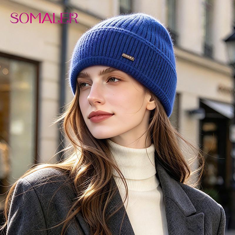 SOMALER Women's Autumn Winter Angora Knit Beanie Hat with Folded Cuff & Metal Badge Fashion Warm Cap 54-58cm