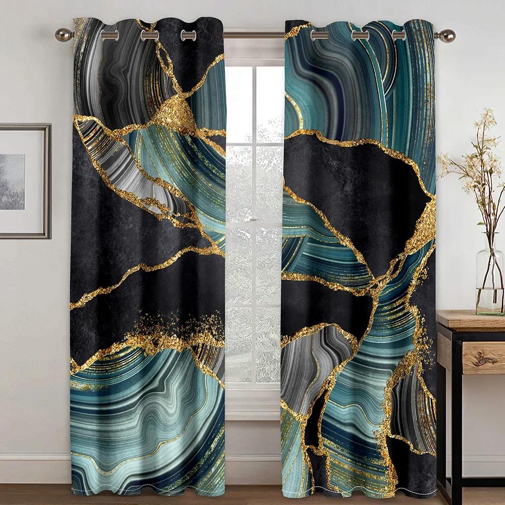 Ready-made Abstract Marble Blue Gold Design Cheap Modern Thin 2 Pieces Curtains for Living Room Bedroom Window Drape Home Decor