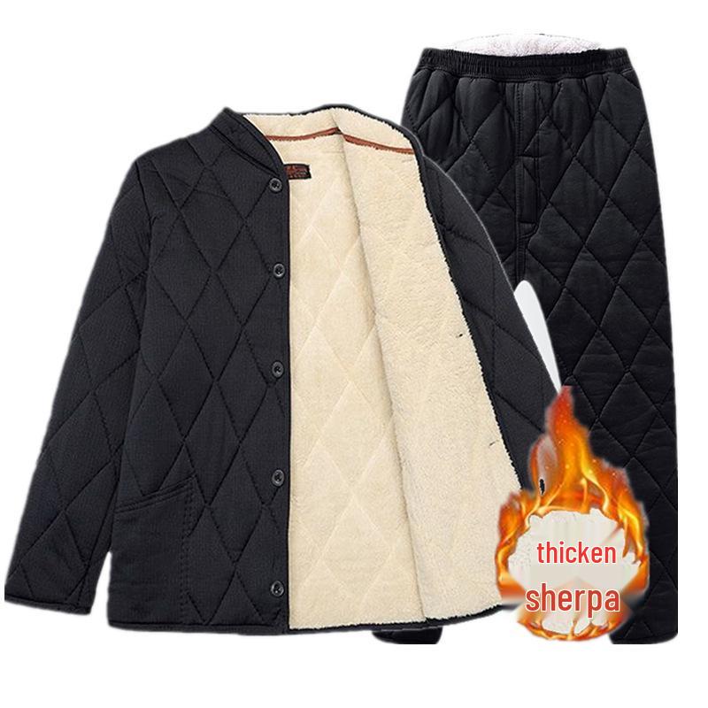 Men's Winter Warm Set: Cotton-Padded Jacket and Pants for Seniors – Fleece-Lined, Camel Down, Ideal for Dad or Grandpa.