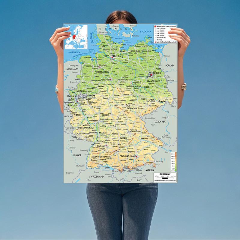 Unframed English-Germany Map-Geographic Map,Wall Decor for Home,Classroom,Indoor/Outdoor Use,Educational Poster,Travel Tools