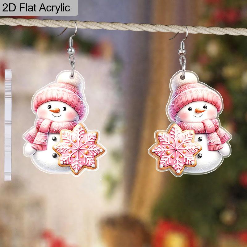 2D Flat Acrylic Cute Pink Snowman Snowflake Pendant Earrings Women's Christmas Jewelry Holiday Party Accessories