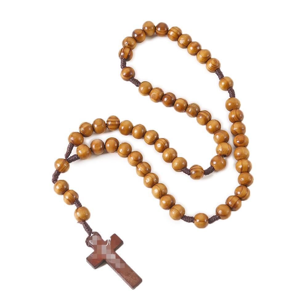 Handmade Natural Wood Bead Rosary with Cross & European American Design