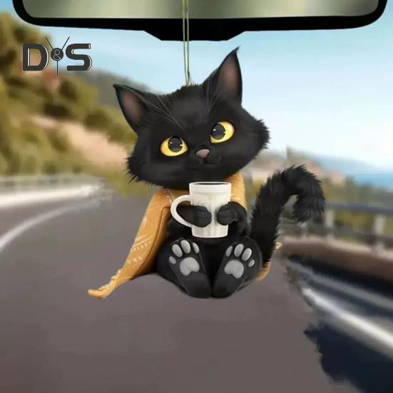 Akryl Katt Hänge med Snodd Liten Svart Katt Bilhänge Multifunktionell Bilspegel Fönster Väskor Nycklar Hängande Dekoration