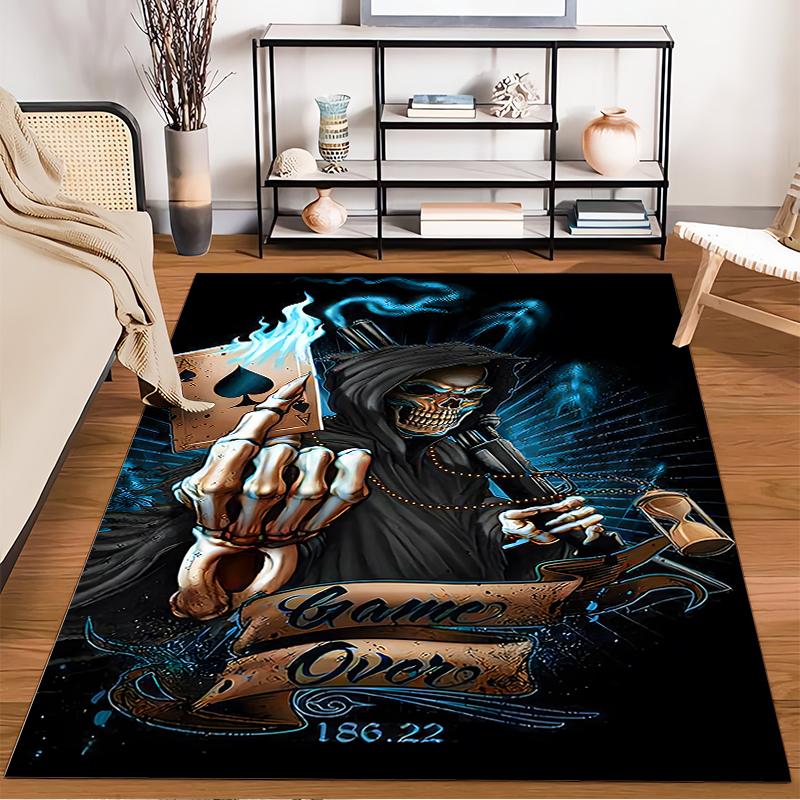 Skeleton wizard holding cards printed anti-slip rug, suitable for living room and bedroom sofa