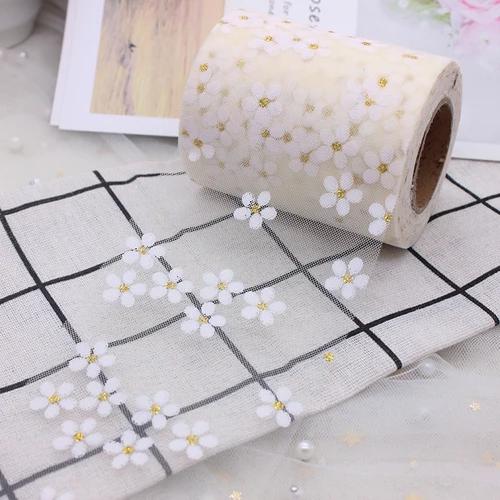 6cm 5Yards Floret Tulle Daisy Ribbon Roll DIY Handmade Craft Hair Ornament Baking Cherry Blossoms Printed Mesh Fabric Supplies