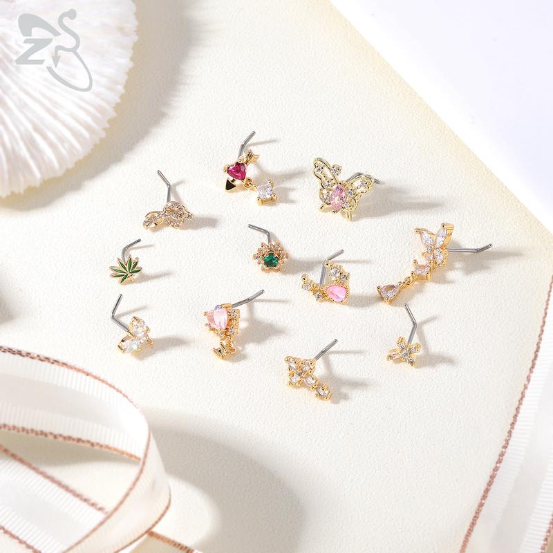 ZS 1 Piece Cute CZ Crystal Nose Stud 20G L Shaped Stainless Steel Nose Piercings Punk Black Color Spider Bat Nostril Piercing