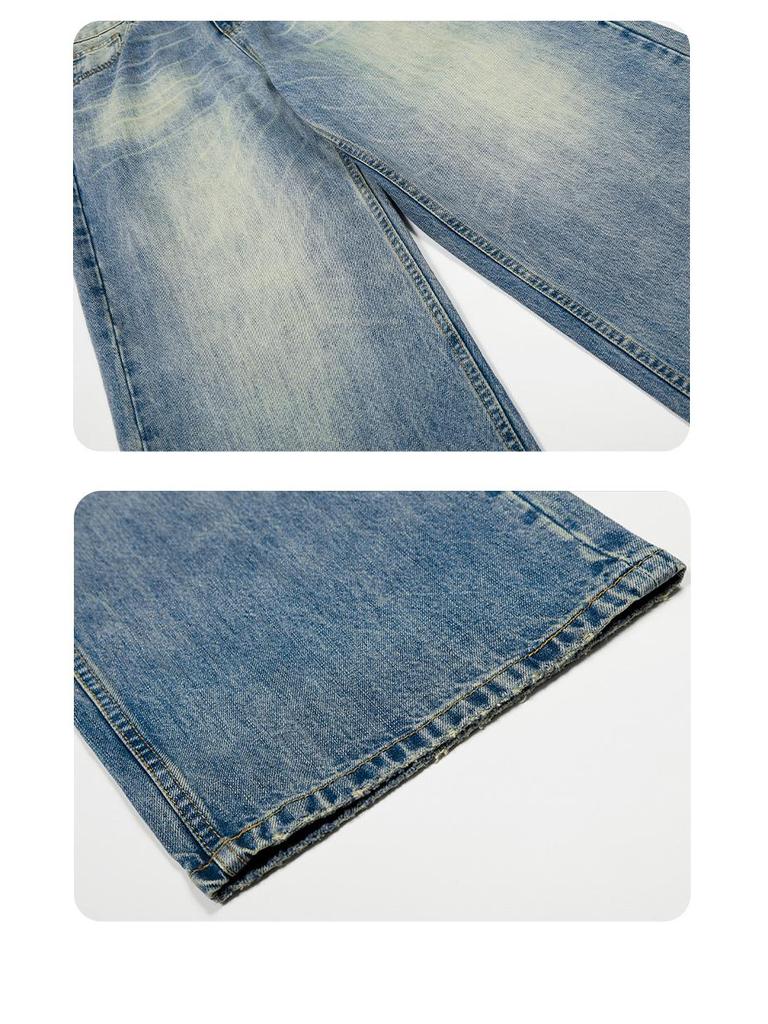 Yongfang Unisex Retro Blue Jeans: Casual Washed, Whiskered, Trendy Straight-Leg, Loose-Fit Pants