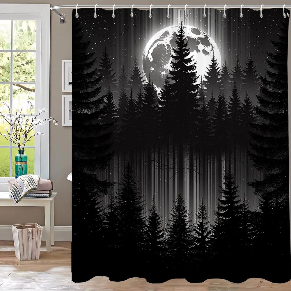 Mysterious Night Misty Forest Shower Curtain, Scenery Bathroom Curtain,Printed Polyester Home Decorative Curtain with Hooks