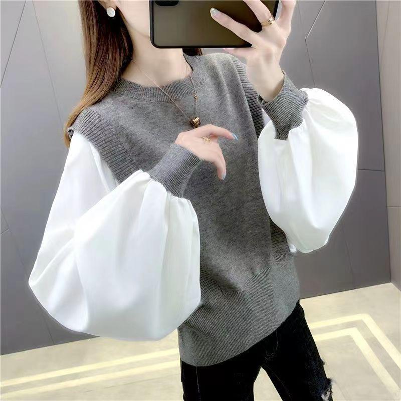 

Весенние и осенние вязаные свитера, женские свитера из двух частей с искусственным швом, пальто, универсальные свободные рубашки в корейском стиле, пуловеры с рубашкой «летучая мышь» S серый
