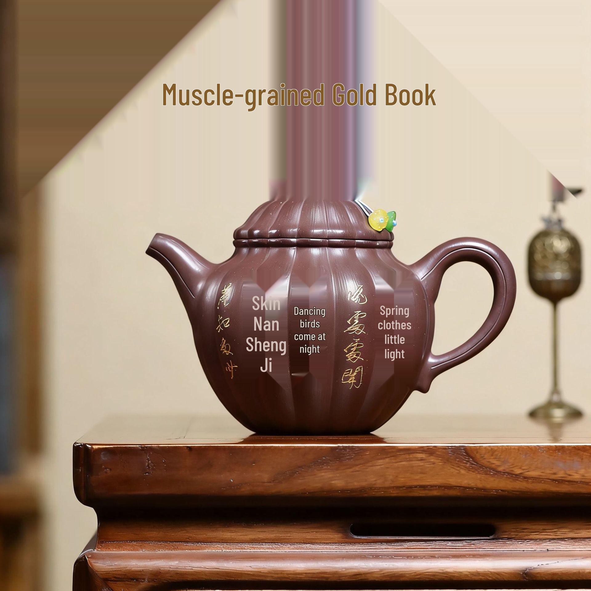 Yixing Zisha Teapot, Large Capacity, Purple Clay, Semi-Handmade, Ribbed Design with Gold Inscription 600ml