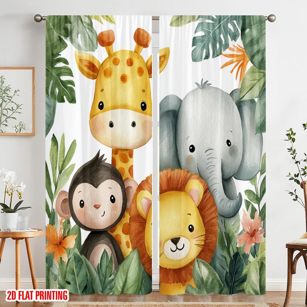 Set Of 2 Flat Printing Window Drapes Cute Safari Animals Watercolor Polyester Without Electricity Family Party Use Living Curtain