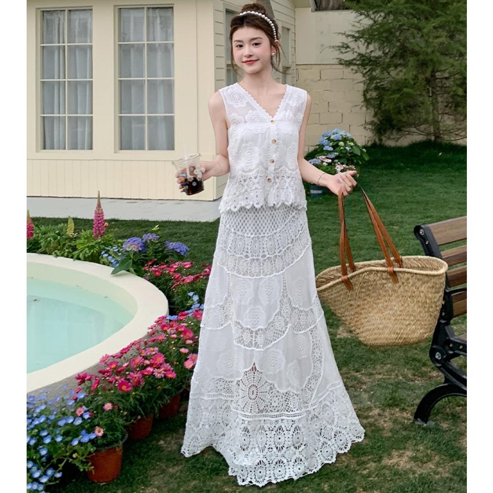 DIMANAF 2025 Women New Suit Skirt Knitting Beach Sleeveless Lace Hollow Out Sexy O-Neck Hollow Summer Style Tops Tees Loose Basic
