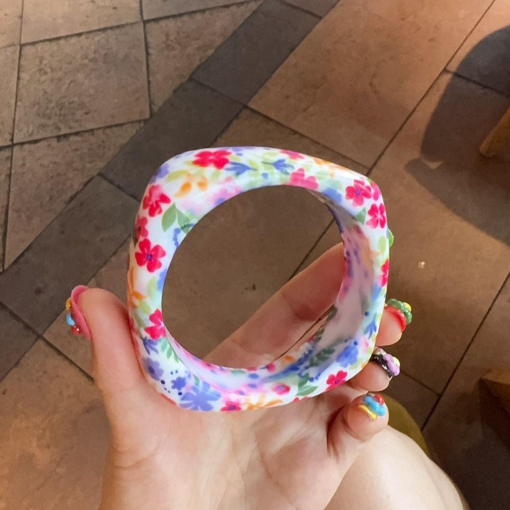 Bohemian Vintage Floral Resin Bangle Minority Design Flower Print Square Chunky Bangle Decoration