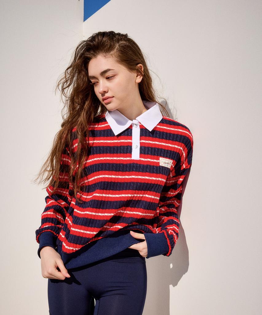 KANDINI Red Blossom Striped Knit Polo Shirt