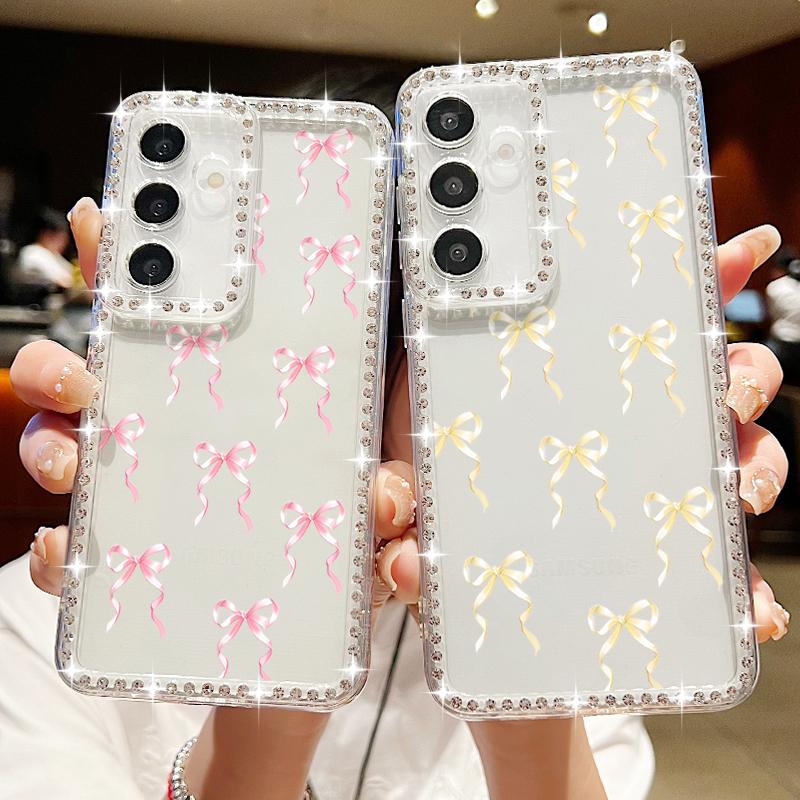 Diamantový měkký kryt s potiskem mašle pro Samsung Galaxy S25 Edge S24 S23 S22 Ultra S24 FE A56 A55 A54 A36 A35 A15 A16 A26 Kryt na telefon