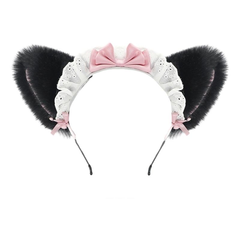 Plush Cats Ear Headbands For Maid 2000s Costume Parties Soft Bowknot Hair Accessory With 6 Color