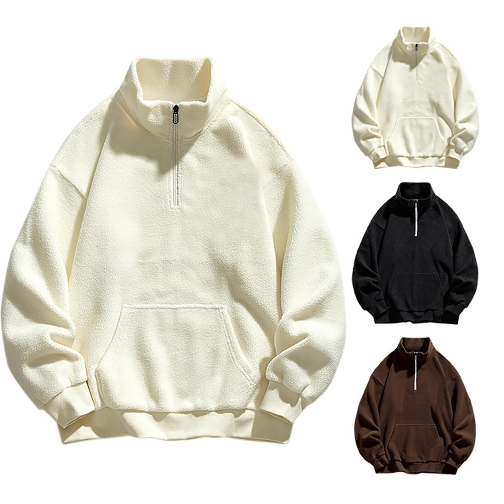 Men's Casual Solid-color Long-sleeved Sports Sweatshirt, Men's Fleece Warm Semi-zippered Pullover Sweatshirt