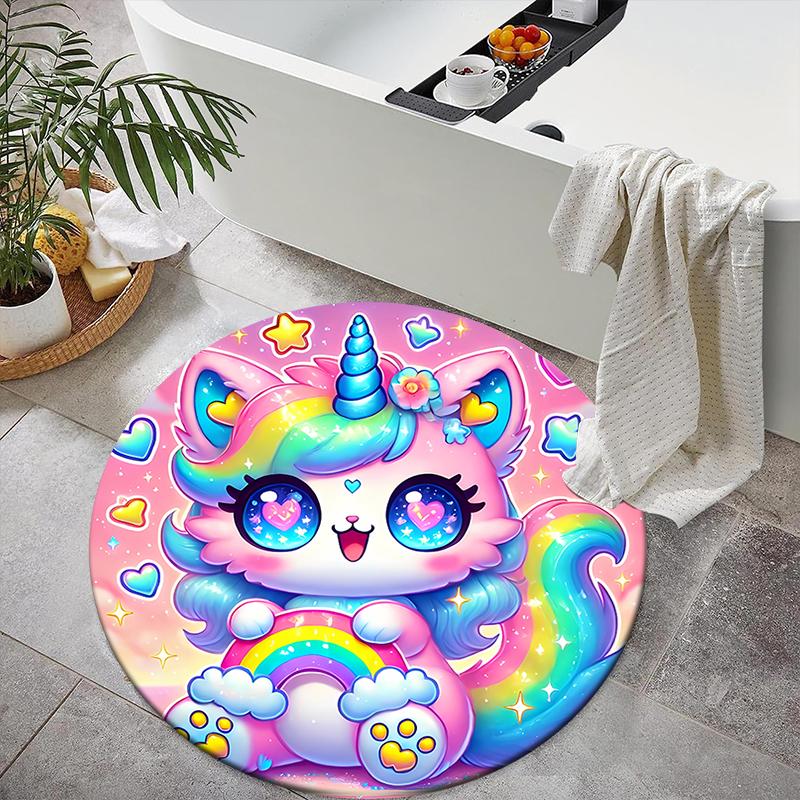 1pc Cartoon Cute Fantasy Unicorn Round Carpet Painted Printed Circular Carpet, Home Door Mat, Outdoor Travel Protection Carpet