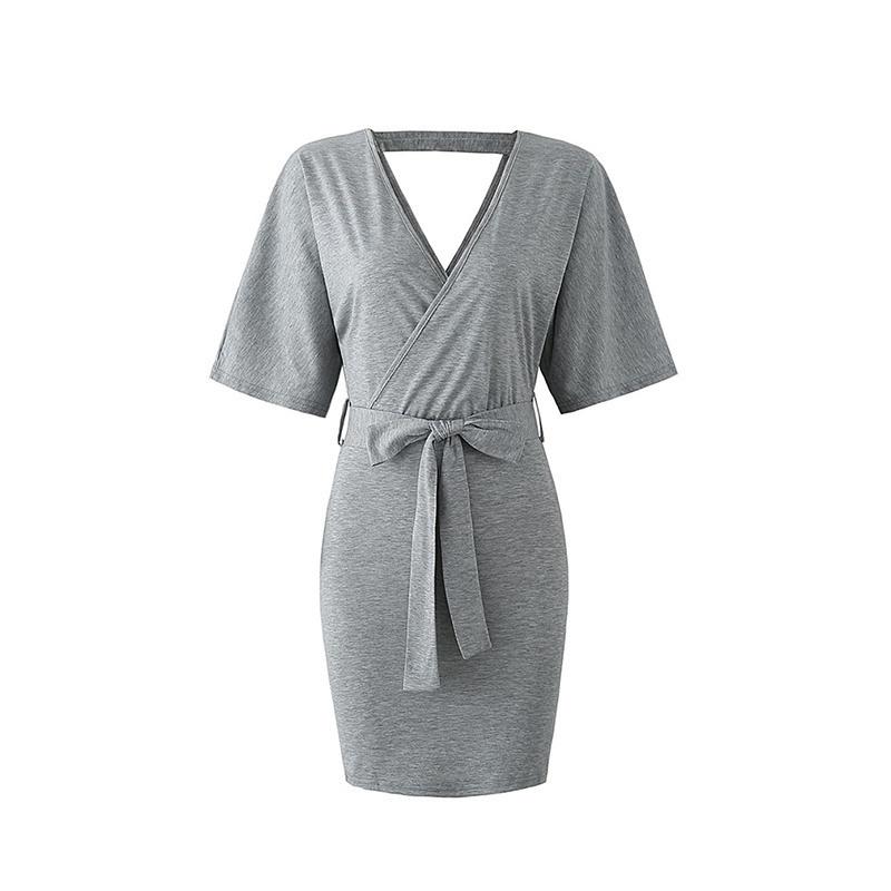 

Женское повседневное платье с V-образным вырезом, короткими рукавами, запахом, шнуровкой, юбкой миди, летнее свободное платье S серый
