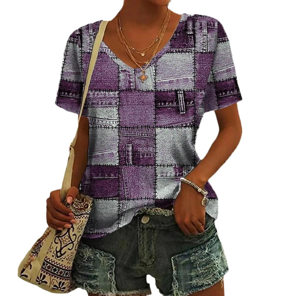 Summer V-neck 3D Retro Denim Plaid Printed Top Fashionable Casual Short Sleeved Women's T-shirts