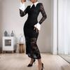 2025 new sexy and elegant lace long-sleeved lapel color-blocking temperament celebrity high-end dress