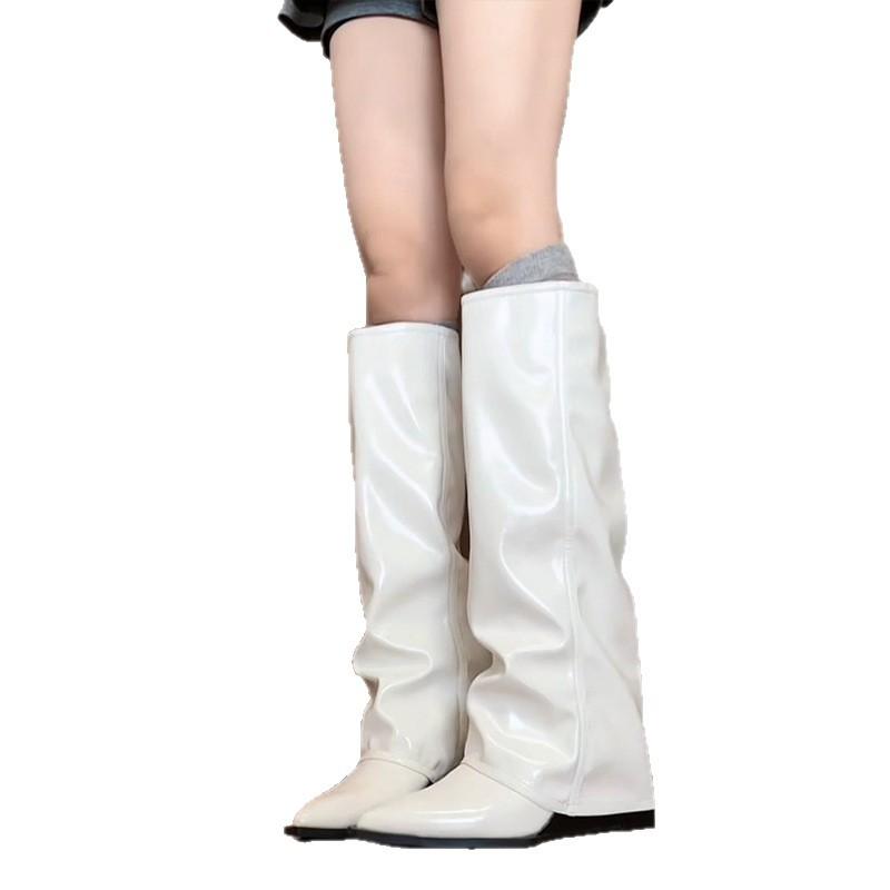 Wedge Heel Pants Boots High Heel Boots Long Boots Female Spice Girl High Boots Pointed Black Patent Leather Pants Boots Fried Street