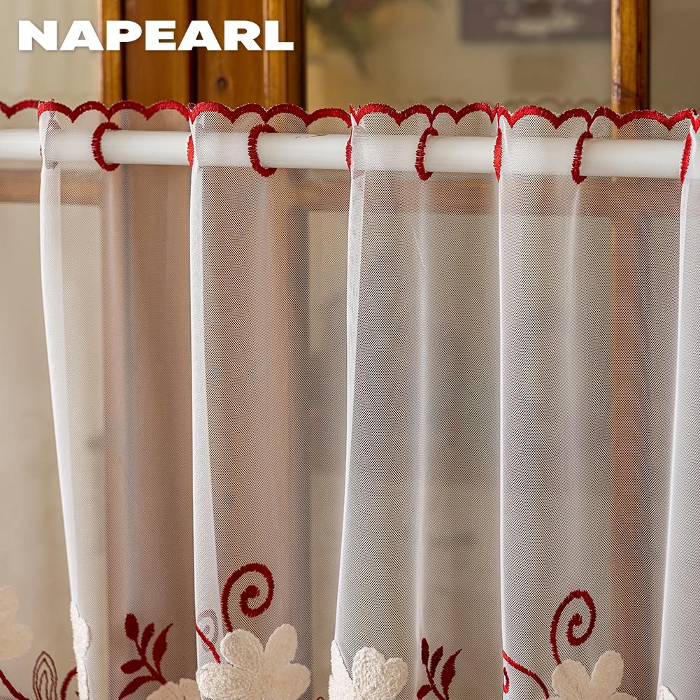 1PC NAPEARL French Countryside Embroidery Short Sheer Curtain, Translucent Wavy Bottom Cabinet Window Partition Gauze Curtain Home Decor