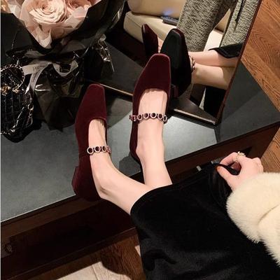 Shoes Square Head Shallow Mouth One-word Diamond Belt Low Heel Suede Mary Jane Single Shoes