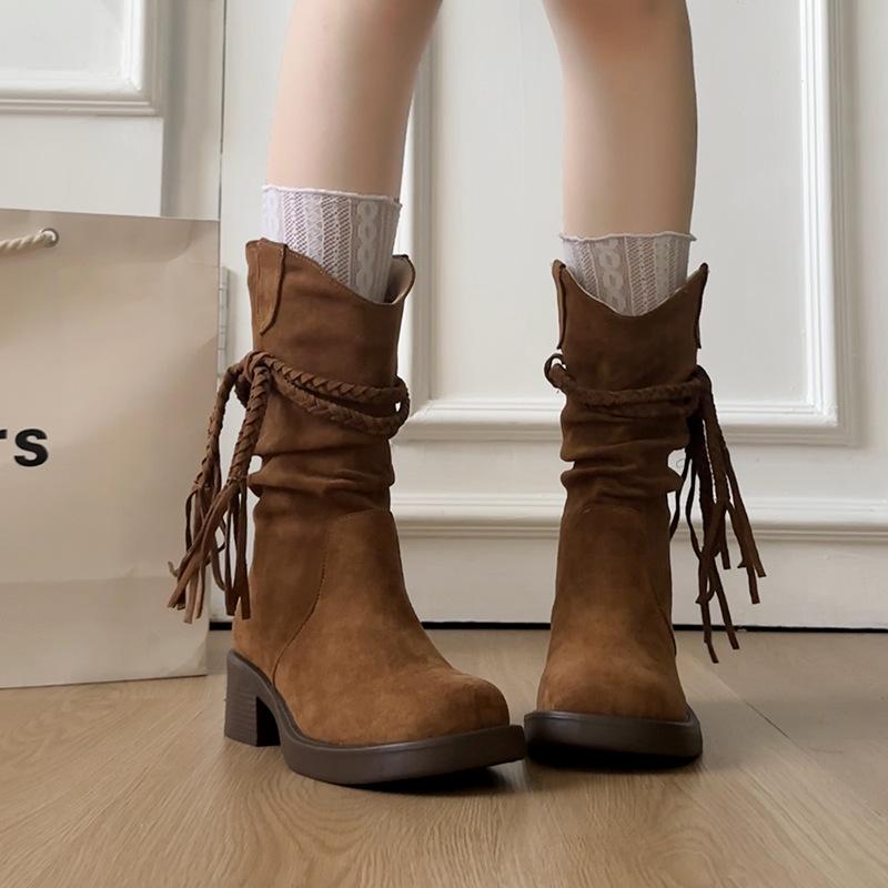 

Retro fringed knight boots women s medium tube thick heel 2025 autumn and winter European station new ethnic style matte women s boots 35