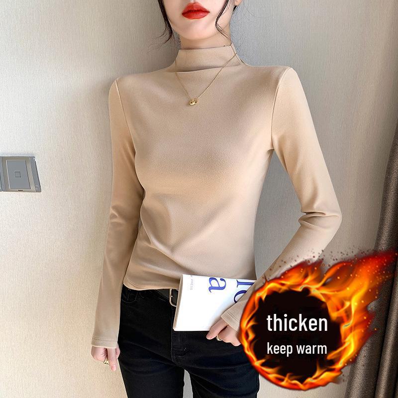 Women's Slim Fit Plush Shirts - Half-High Collar, Long Sleeves, Perfect for Autumn/Winter