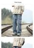 Men's Japanese Retro Workwear Denim Jeans - Multi-Pocket, Loose Fit, Straight Wide Leg, Trendy High Street Style, Blue.