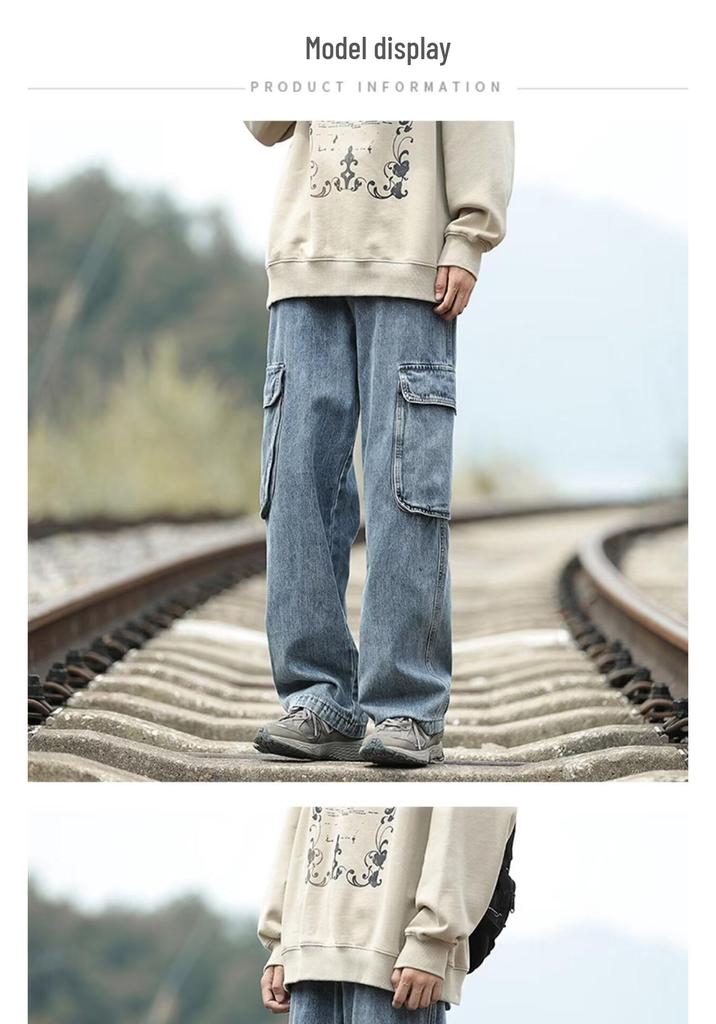 Men's Japanese Retro Workwear Denim Jeans - Multi-Pocket, Loose Fit, Straight Wide Leg, Trendy High Street Style, Blue.