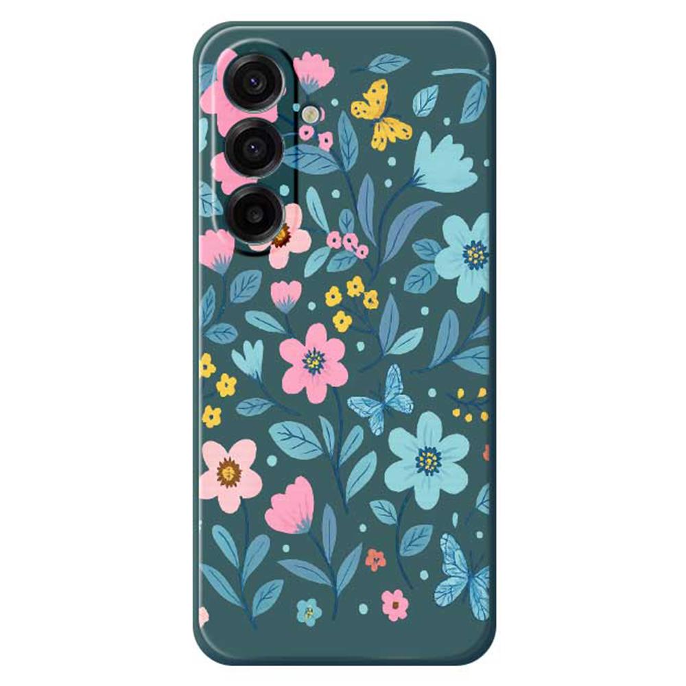 For Samsung Galaxy A17 5G Case Blue Pink Flowers Pattern Printing Straight Edge TPU Phone Back Cover