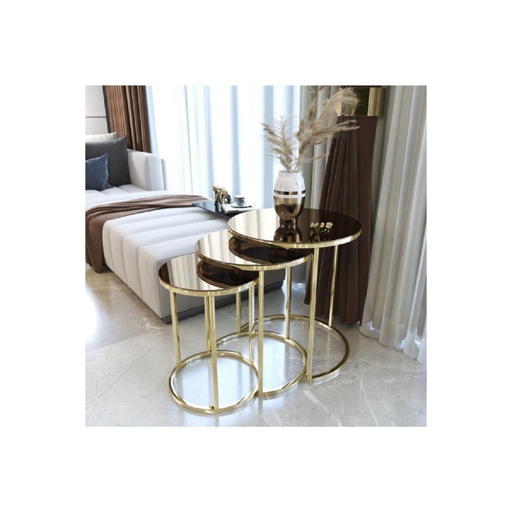 Desing Gold Metal Unbreakable Bronze Mirror 3-piece Nesting Table