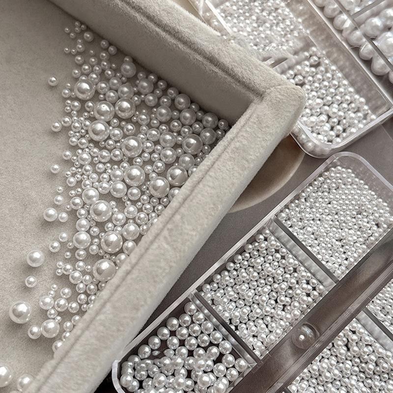 6 Grids Round White Pearls Nail Beads Nail Charms Caviar Beads Nail Jewels Half Round Pearl Gems Diy Nail Art Decor