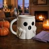 Ghost Shaped Coffee Mug Halloween Ice Cream with Spoon Holder 3D Printed Cute Mug Unique Birthday Surprise Drinking Cup Pen Holder Decor Christmas