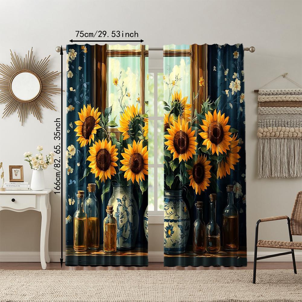 Set Of 2 Versatile Polyester Transparent Curtains Home Decoration Sunflower Theme Use Bedrooms Living Rooms Curtain Ideal For Room